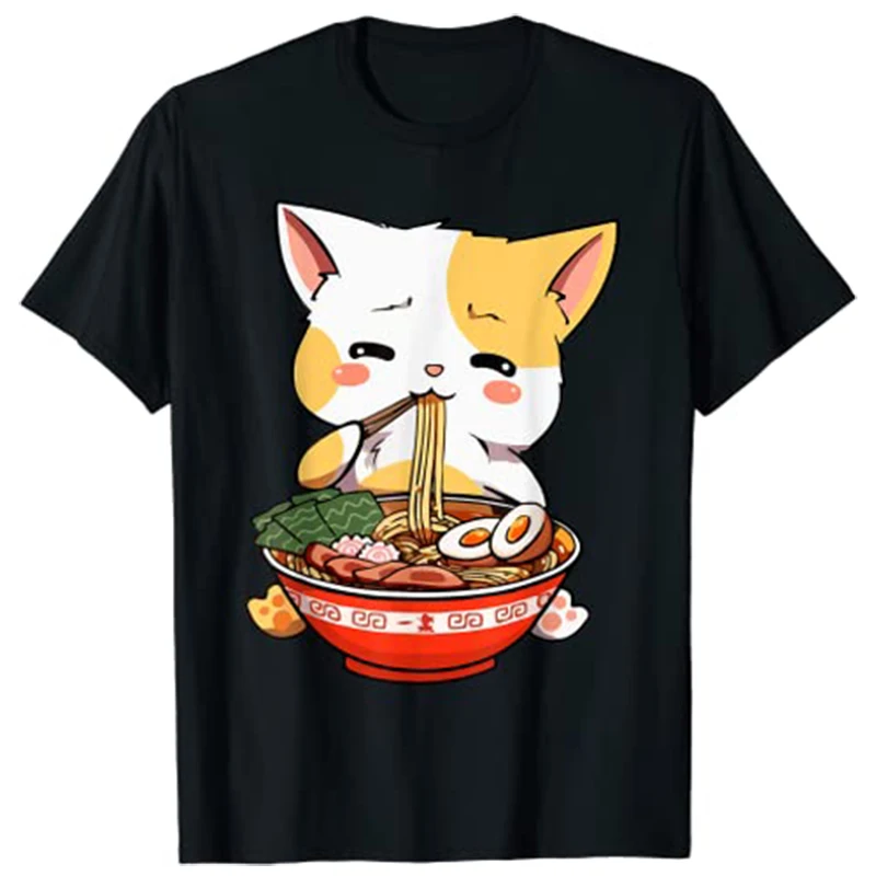 Ramen Cat Kawaii Anime Japanese Food Girls Official Teenager T-Shirt Harajuku Graphic Tee Tops Kitten Eat Noodles Novelty Gift