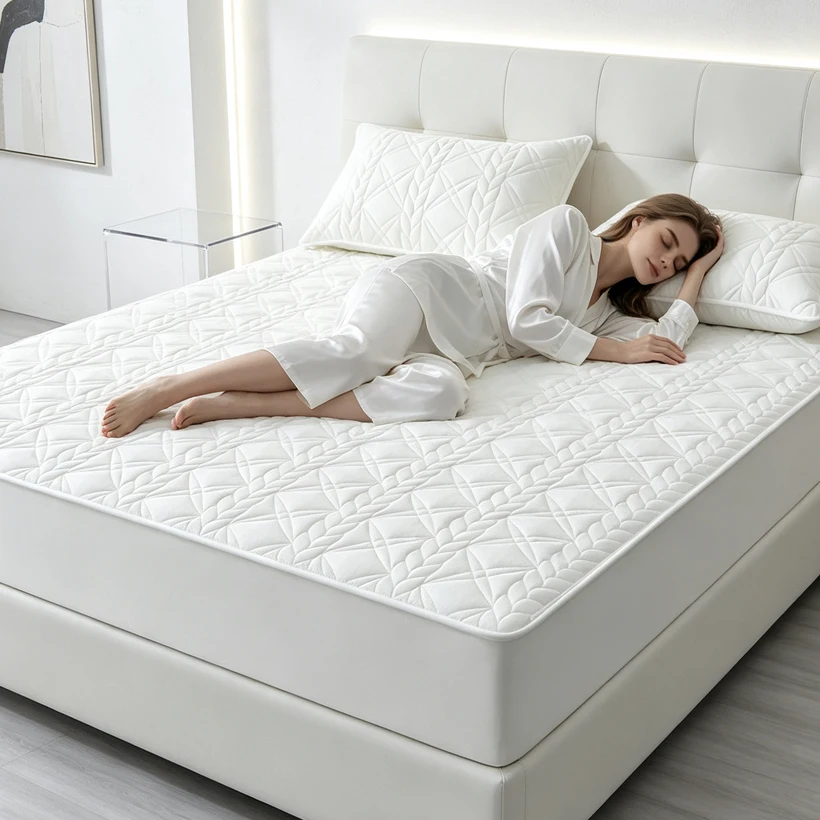 Cotton Quilted Fitted Sheet Silk‑Protein Filling Mattress Cover Elastic Bands Mattress Protector Double Queen King Bed Sheet Set