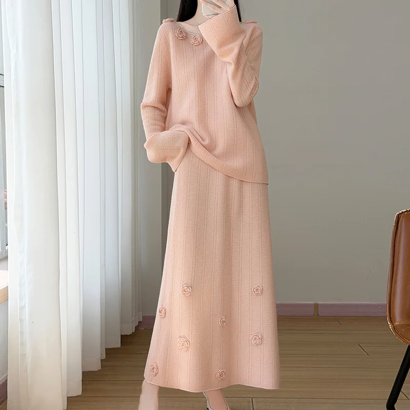 Elegant wind three-dimensional flowers 100% cashmere knitted sweater loose two-piece skirt corrugated suit