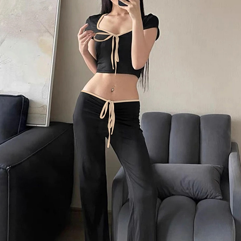 Sexy Top Pants 2 Piece Set Women Summer Short Sleeve Slim Crop Tees + High Waist Flare Trousers Female Fashion Lace-up Outfits