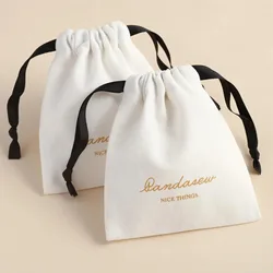 Custom Logo White Luxury Twill Cotton Jewelry Packaging Bag Small Gift Jewelry Pouch with Ribbon Dusty Bag Gift Bag