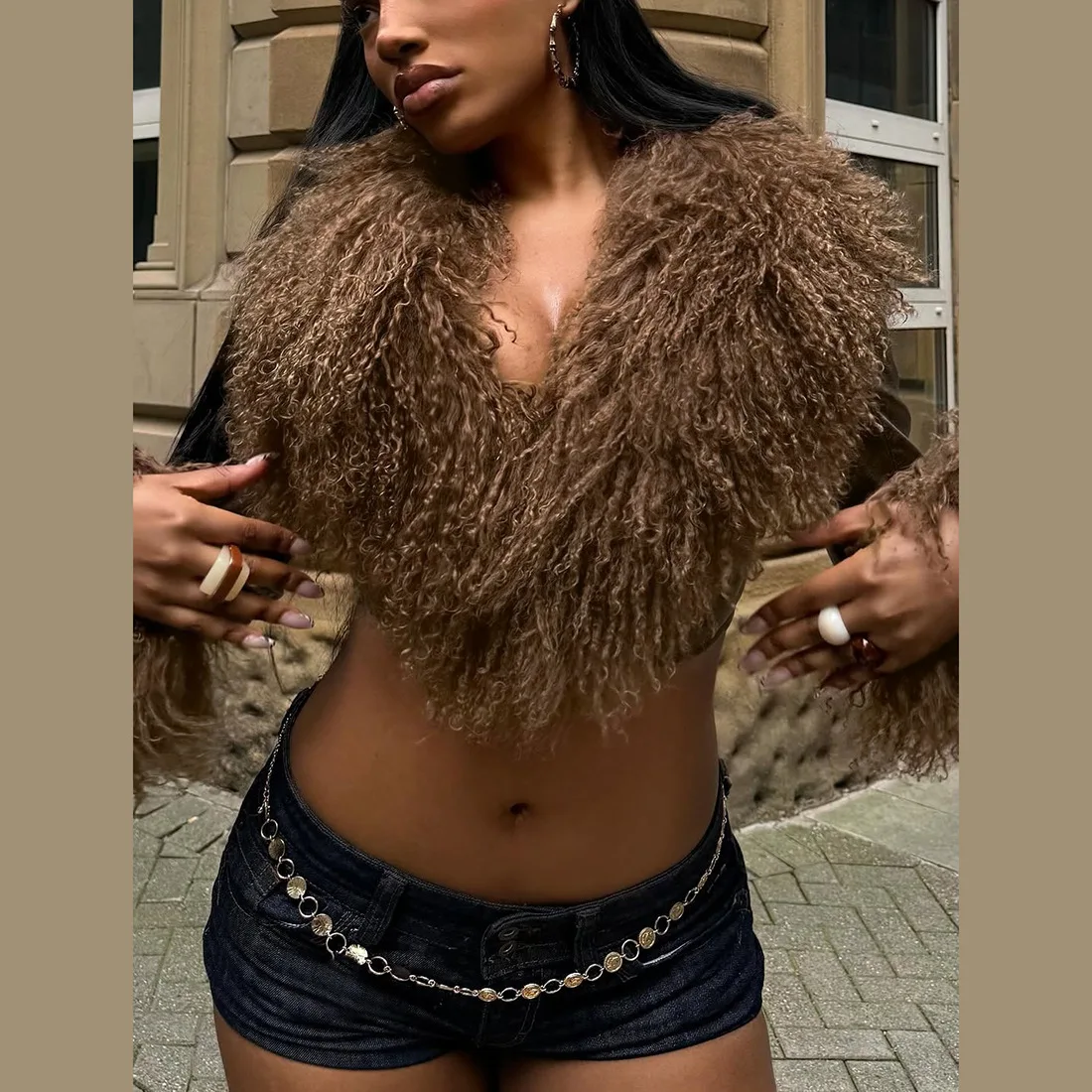 Brown Cropped Leather Coat with Furry Trim Women Low Neck Full Sleeve Tassel Detail High Street Navel Exposed Trendy Outerwear