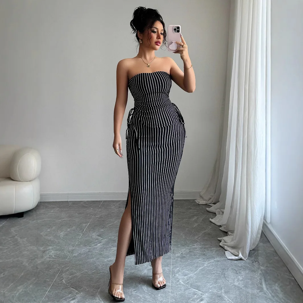 

Striped Dress 2 Pieces Sets Women Long Dresses Sexy Party Night Vestidos Matching Sets Elegant Two Piece Set Y2k Streetwear Work