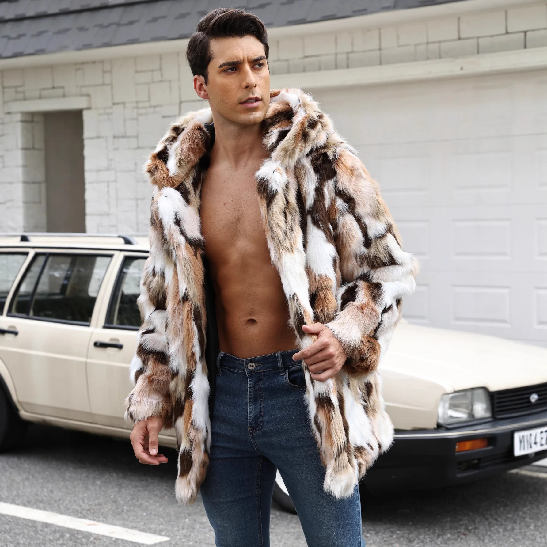 Autumn Winter New Fashion European American Men's Color-coded Casual Trendy Loose Long Sleeve Hooded Faux Fur Coats Male Tops