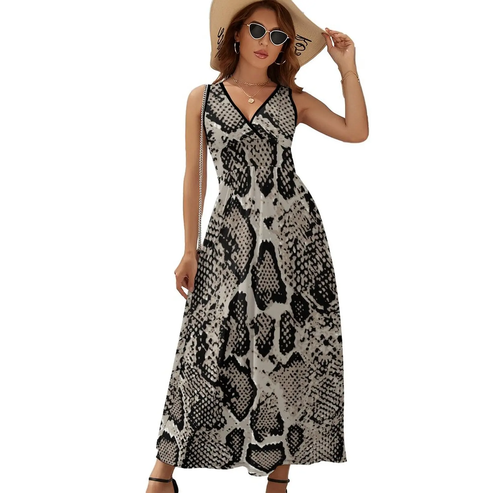 

Grey Snakeskin Dress Animal Print Cute Maxi Dress Street Fashion Boho Beach Long Dresses High Waist Graphic Oversized Clothes