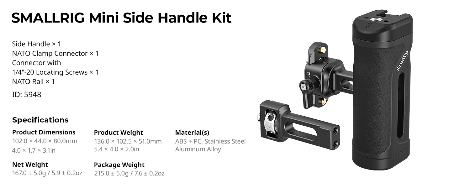 SmallRig Mini-Seitengriff-Kit mit 1/4"-20 Positionierungsschraube und NATO-Klemmverbinder Universelle Kompatibilität Vertikale Einstellung – Detail 6