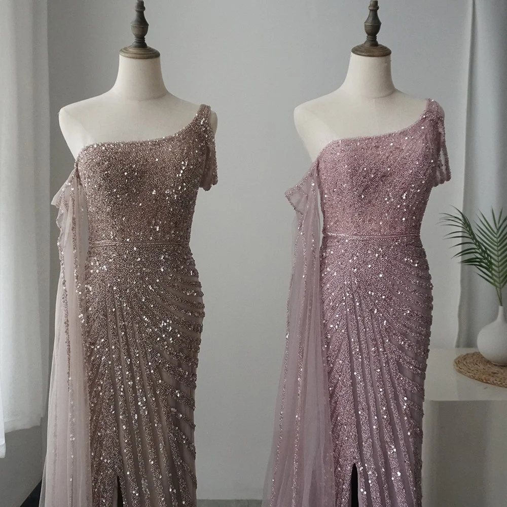 Vestidos sereia rosa de um ombro para mulheres, vestidos elegantes, manga de capa frisada, melhor preço, festa, venda quente, 2023, 2023