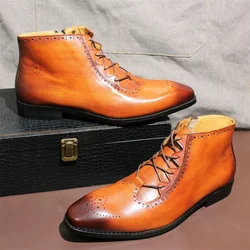 Luxury Genuine Leather Chelsea Boots for Men Brown Wingtip Ankle Lace-up Buckle Formal Snow Shoes High-end Office Footwear