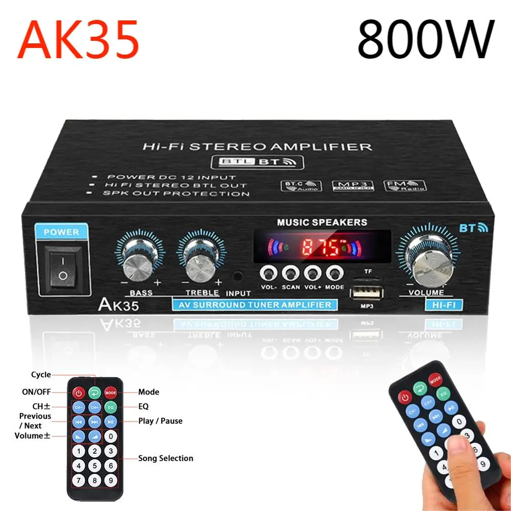 AK35 800W Digital Audio Amplifier 2 Channel Bluetooth 5.0 HiFi FM Auto Music Subwoofer Speaker Stereo Home Car Power Amplifier