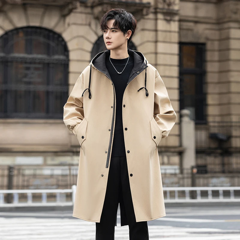 

High Street Wear Men's Mid-Length Hooded Windbreaker Coats Spring Autumn Solid Color Overcoat Outdoor Loose Long Jacket Clothing