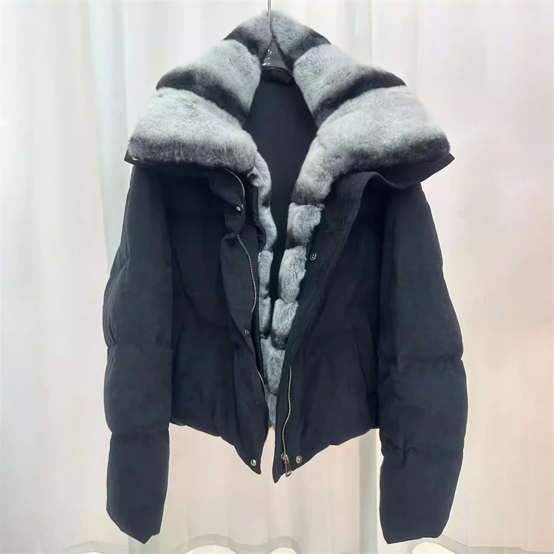 سترة نسائية جديدة قابلة للفصل بياقة من فراء الأرانب معاطف لشتاء 2025 90 سترة سميكة دافئة مملوءة بالبط الأبيض y2k
