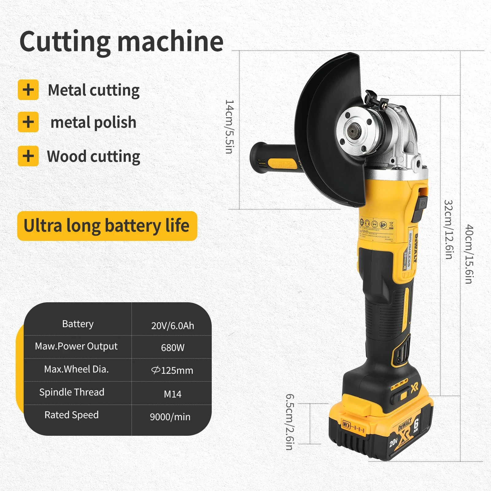 DeWALT DCG405 20V Li-ion Angle Grinder, 680W, 125mm Disc, M14, 9000RPM, 6.0Ah Battery, Brushless Tool for Wood & Metal Work - view 4