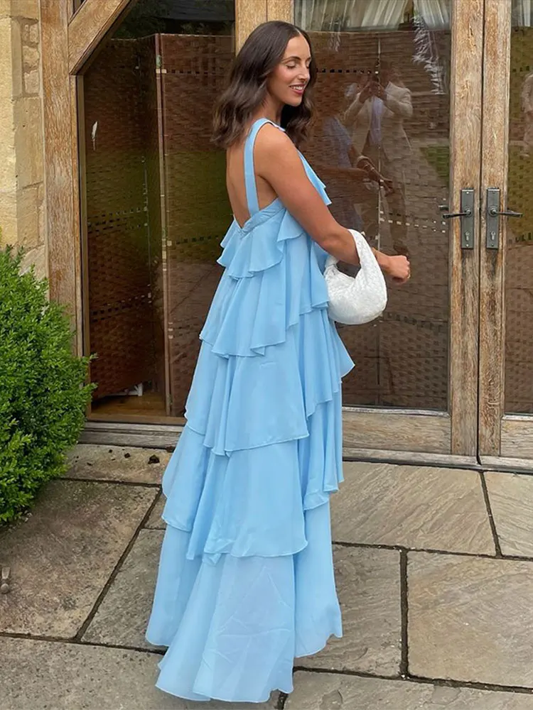Cascading Ruffles Long Dresses Elegant 3D Flower Chiffon Halter Backless Sleeveless Cake Dress 2025 Summer Lady Club Party Robes