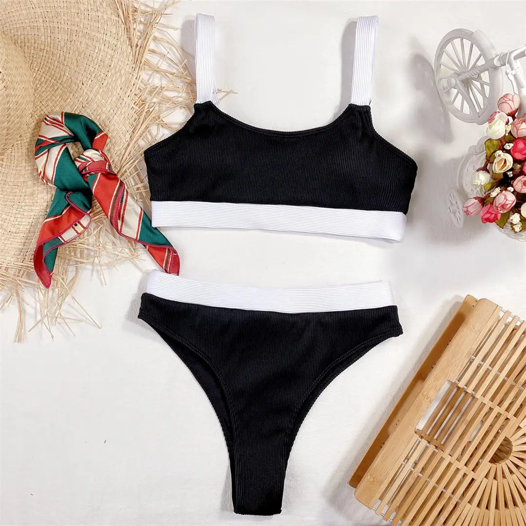 Neuer, verführerischer, gerippter Badeanzug mit aufgesetzten Elementen, hoch geschnittener Bikini, Damen-Badebekleidung, zweiteiliges Bikini-Set, Badeanzug, Badebekleidung, Modell V2329. – Detail 26