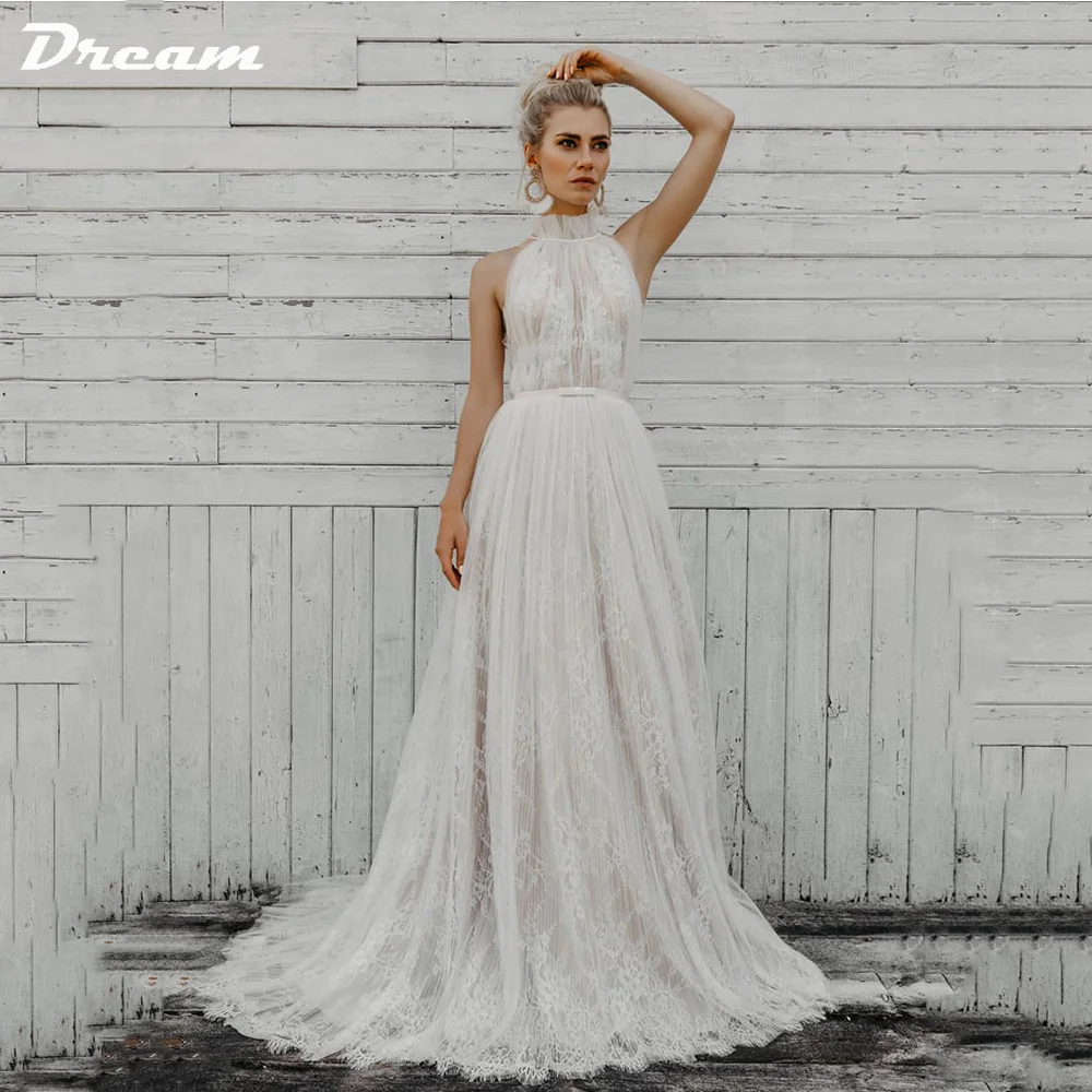 

DREAM Halter Tulle Sleeveless Lace Boho Wedding Dress 2023 A Line Ruched High Neck Bohemian Bridal Gown Sweep Train