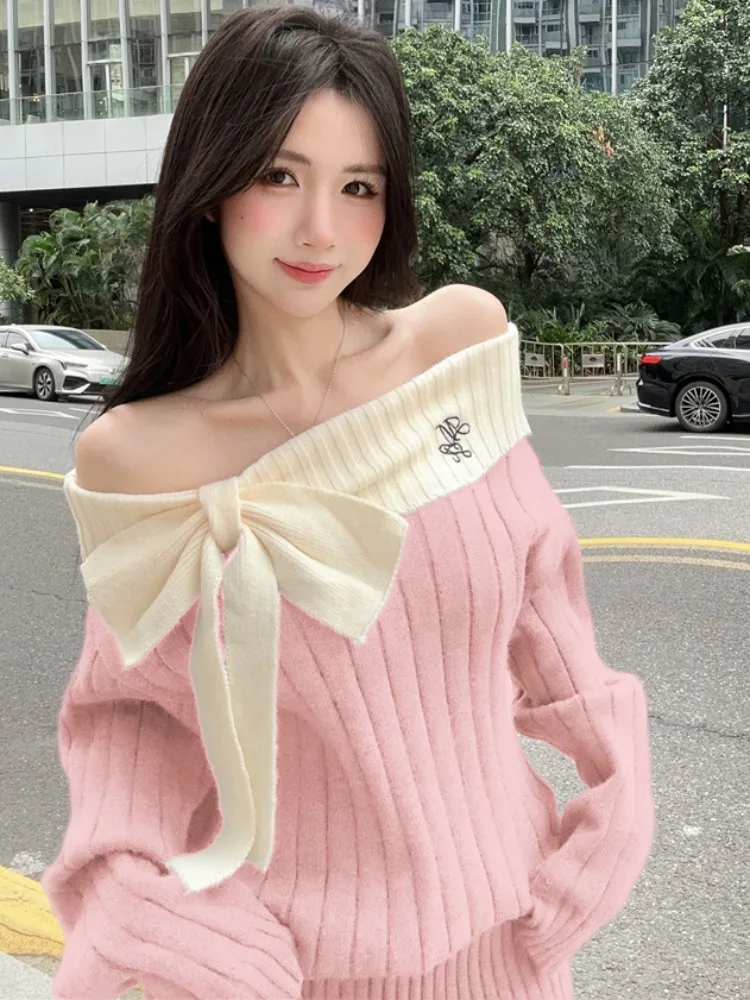 

Pure Desire Shoulder Bowed Thick Knitted Dress Women's Spring Autumn Loose Slimming Butt Covering Skirt Sweet Style High Waist