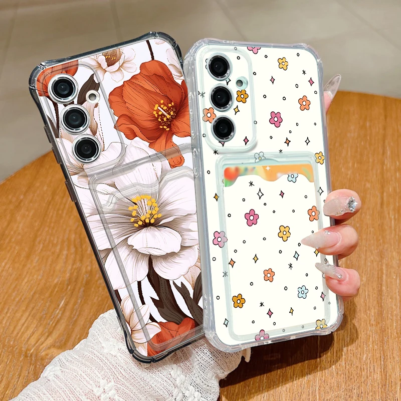 Vintage Floral Case For Samsung A57 A37 A17 A56 A36 A16 A55 A35 A15 A54 5G S21 FE S22 S23 S24 S25 Plus S26 Ultra Card Slot Cover