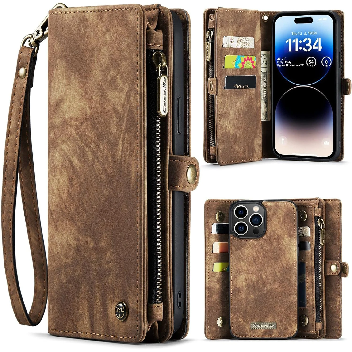 

Wallet Case for iPhone 15 Retro Suede PU Leather 2 in 1 Detachable Magnetic Flip Folio Cover Handbag Zipper Purse with Card