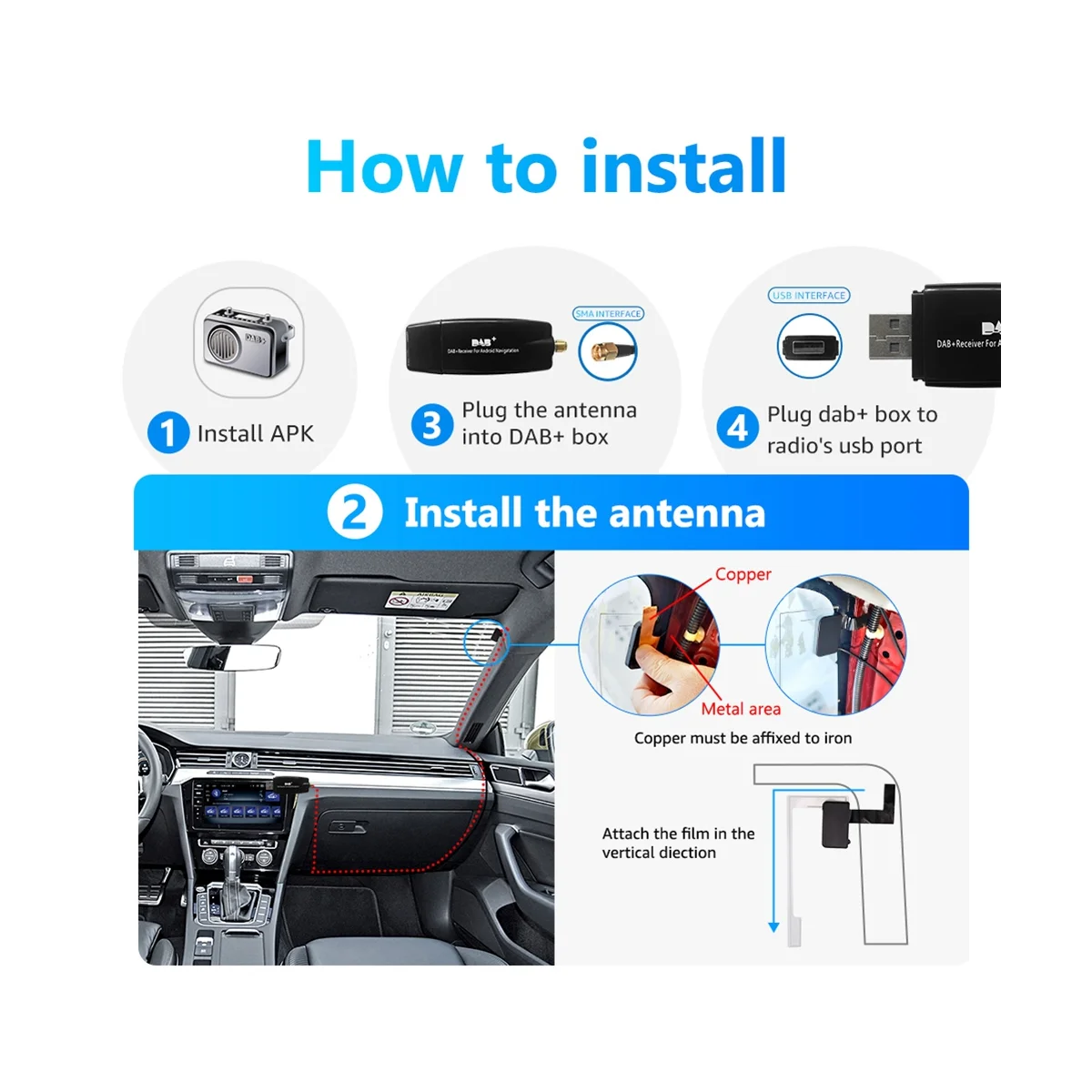 DAB USB Android Car Radio Plus Antenna Amplifier Receiver Auto Tuner Box Adapter Signal Booster Dongle Module for Stereo