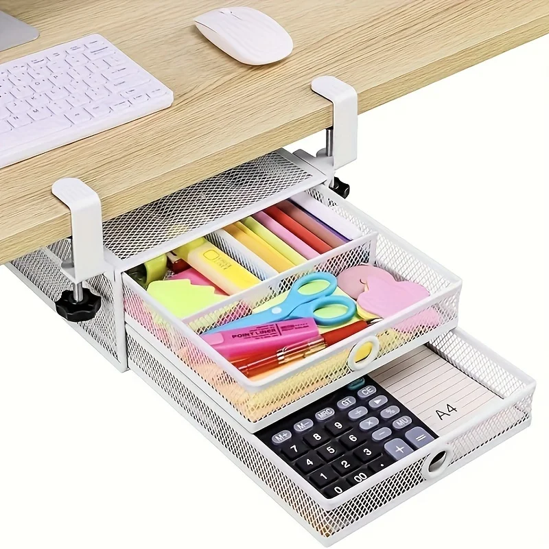 

Versatile 2-Tier Slide-Out Under Desk Drawer Organizer - Metal Storage Solution for Home & Office, No Assembly Required, Space-S