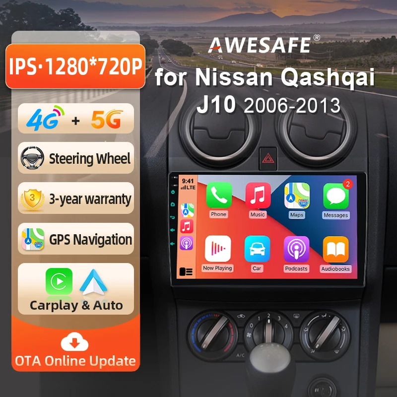 AWESAFE Radio Android 9 pouces pour Nissan Qashqai J10 2006-2013, CarPlay et Android Auto sans fil, navigation GPS, support multimédia, commande au volant, amplificateur de subwoofer, caméra arrière, prise EU, Plug and Play, DAB+, autoradio numérique 2 DIN, stéréo RDS DSP FM BT