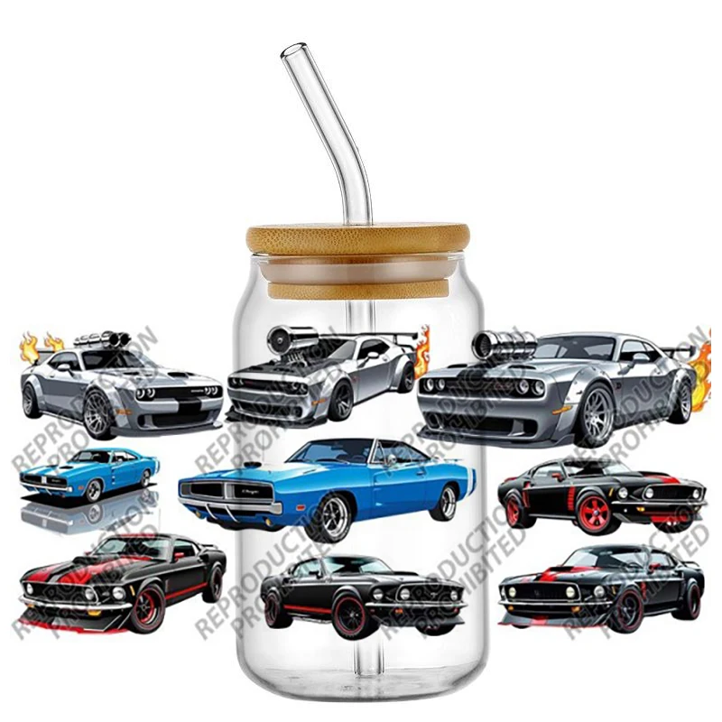 Popular Sports car series 16oz UV DTF 3D Transfer Sticker Decals For Glass Can Cup wrap Craft DIY Gift Creative view 4