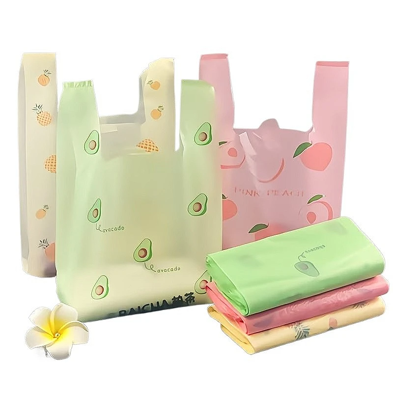 Bolsa de compras con estampado de frutas, color verde, amarillo y rosa, con patrones de frutas, bolsa de compras de plástico reutilizable, almacenamiento de compras portátil, 50/100 Uds.
