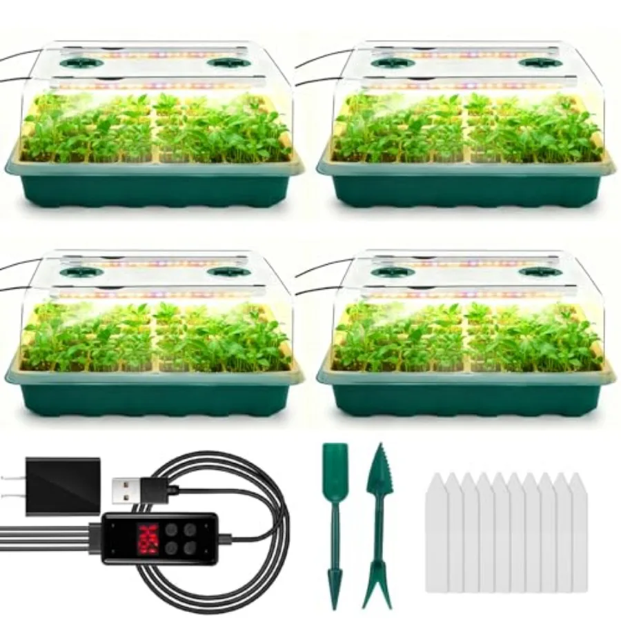 Seed Starter Tray with Grow Light, 192-Cell Seed Starter Kit, Seedling Starter Trays with Humidity Domes, Automatic Timer, Adju
