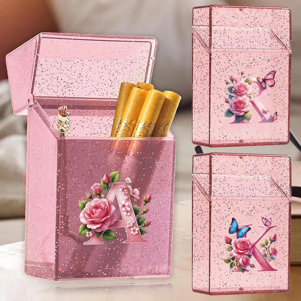 

Portable Durable Crystal Cigarette Storage Case Plastics Cigar Organizer Box Pink Butterfly Initial Name 26 Letters Pattern