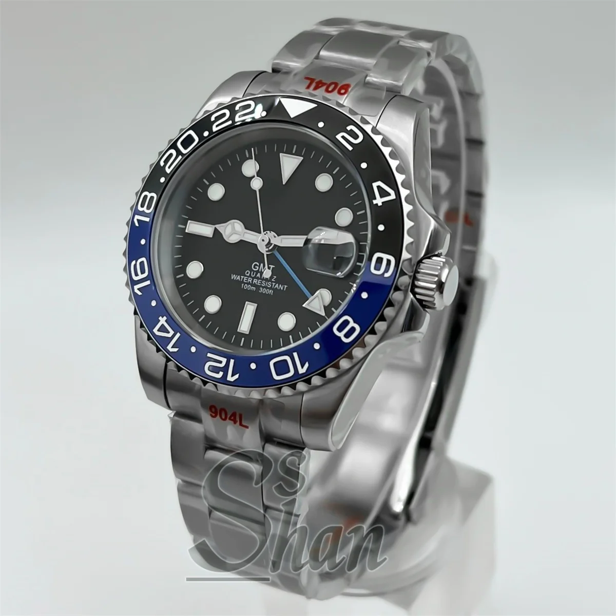 40mm GMT Men's Watch Ronda 515 Quartz Movement Sapphire Crystal Luminous Dial 10Bar Water‑Resistant Stainless Steel Bracelet