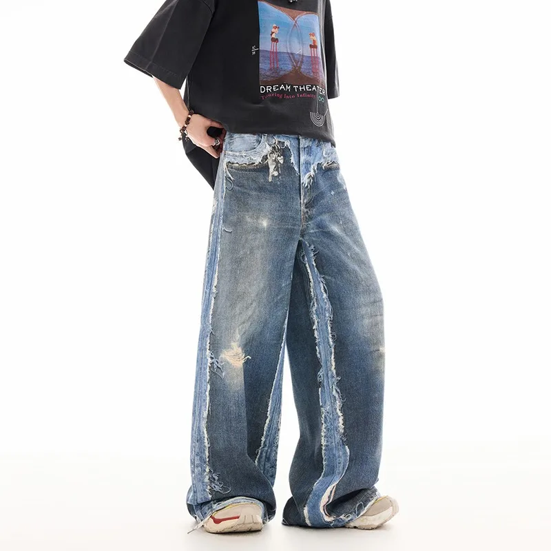 HKSH 2026 Summer Autumn New American Trendy Digital Print Jeans Versatile High Street Hip-Hop Cool Denim Pants Vintage HK27033