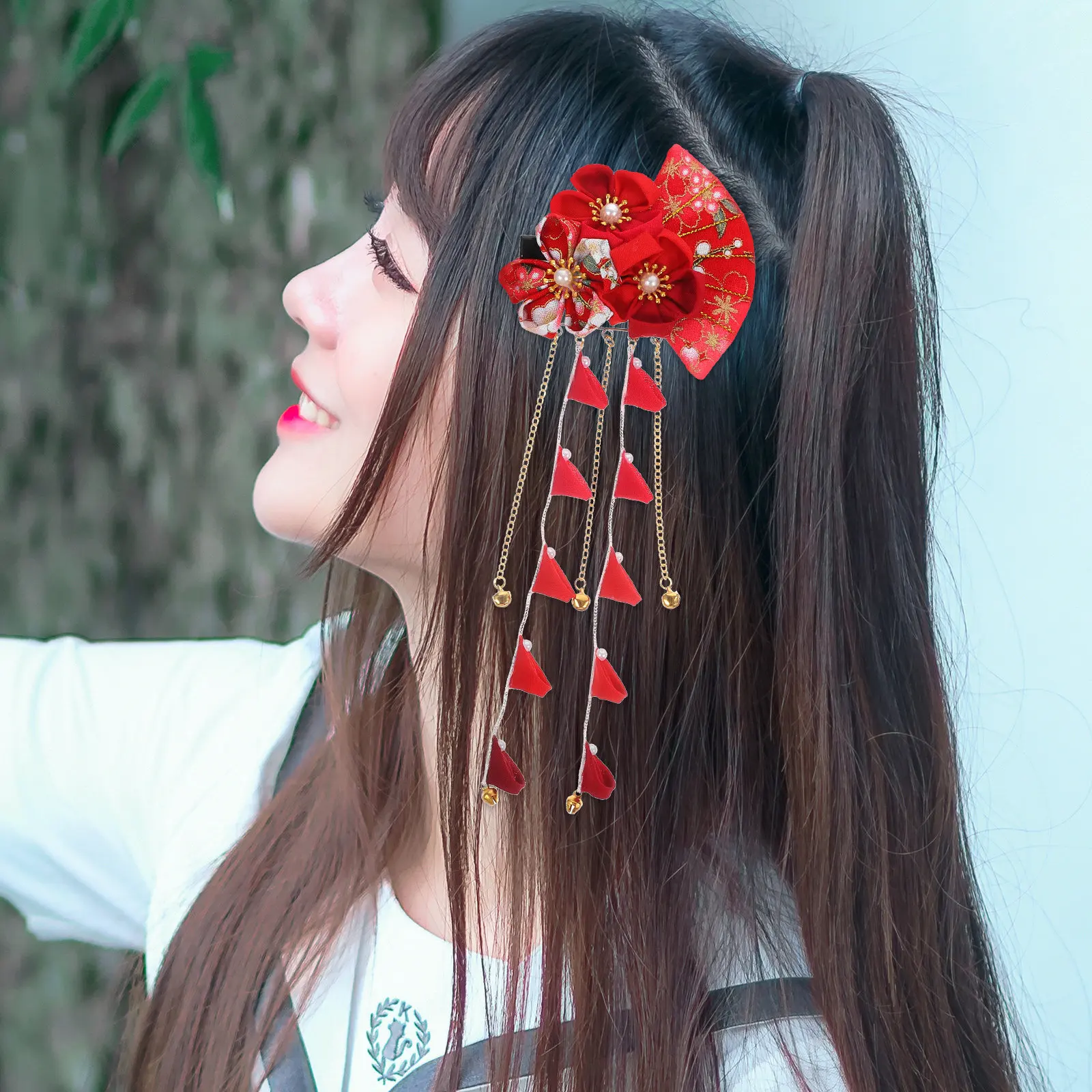 1Pcs Japanese Style Hair Clip Red Lightweight Long Tassel Bridal Hairpin Wedding Hair Decoration for Women Flower Hairpins