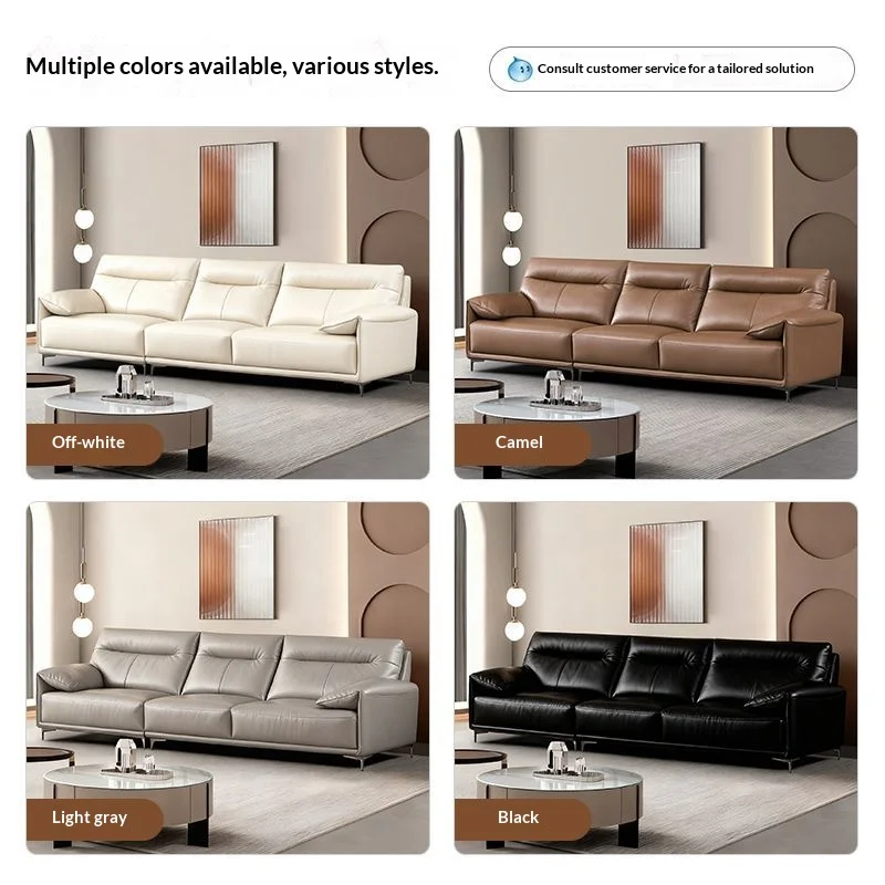 #Baby Elephant Ear Top Grain Leather Sofa Italian Style Three Seater Latex Sponge Straight Living Room Sofa