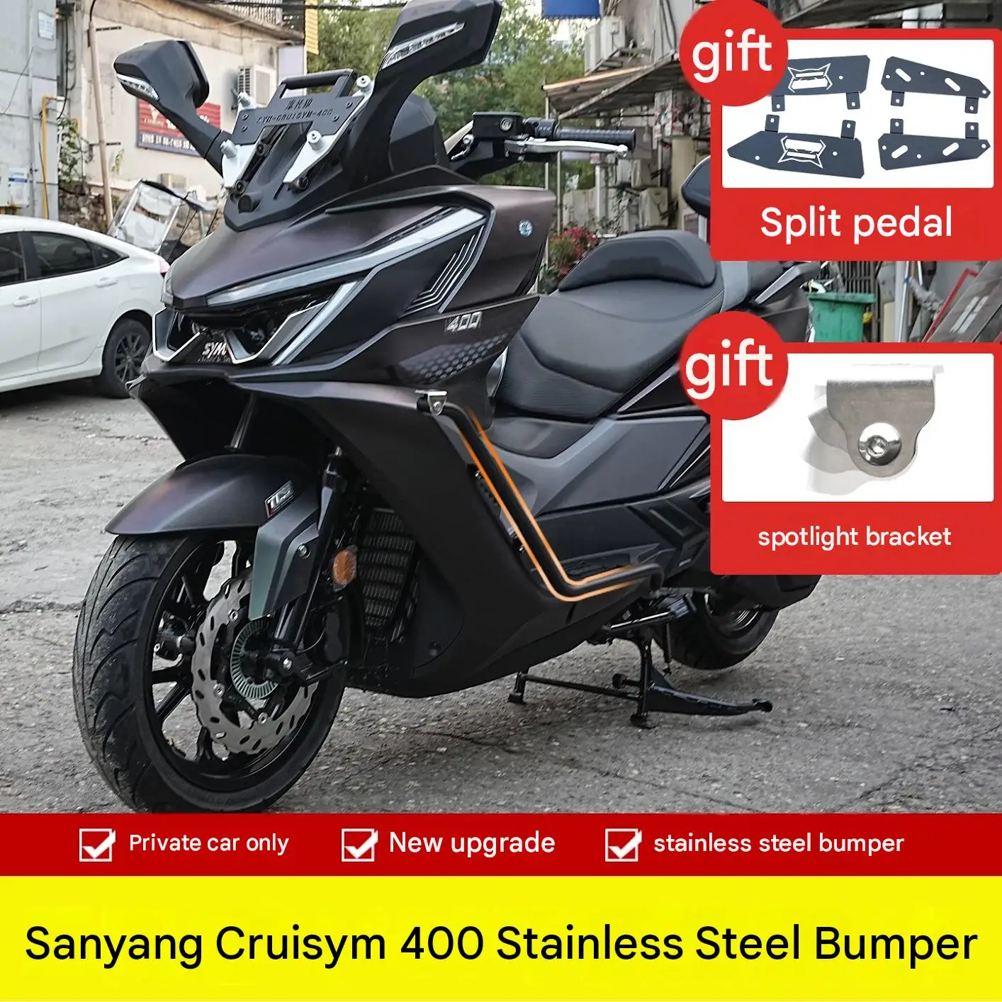 For 2024 SYM Cruisym 400 Crash Bar Front-Rear with Calf-Avoiding Design Matte Weather Resistant Guard Bars for Motorcycle Safety