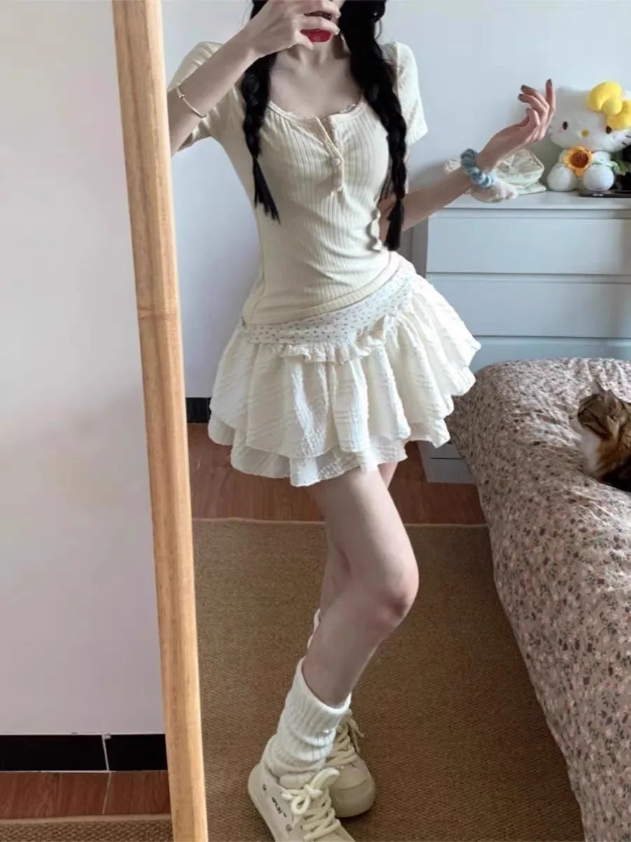 Sweet Summer Puffy Skirt Women's  Cake Short Skirt Slimming Small Size T-Shirt Pure Desire Set High Waist Korean Style