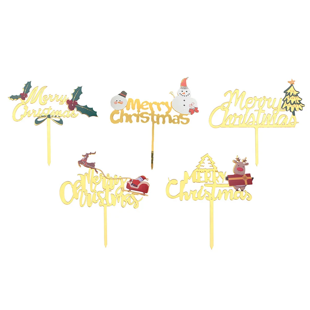 

5pcs Cake Decorations Golden Xmas Toppers Acrylic Picks Reusable Safe Christmas Party Cupcake Muffin Food Fruit Decor