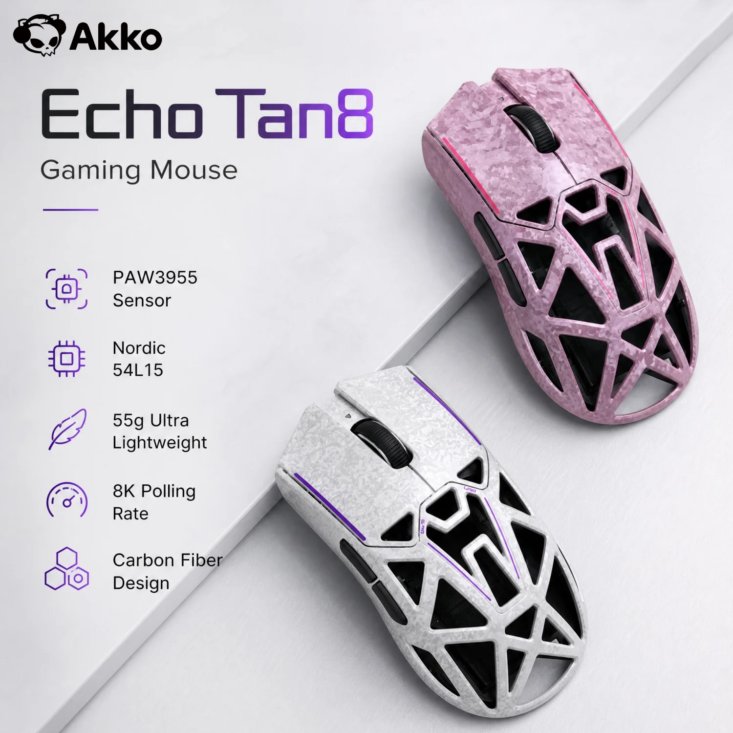 Akko ゲーミング ワイヤレスマウス カーボンファイバーデザイン PAW3955 PAW3950 8K 65000DPI 55g 軽量 eスポーツマウス Echo TAN8 Master Ultra
