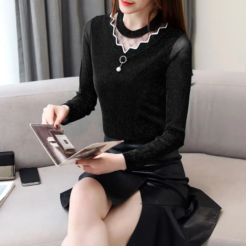 

Spring Autumn Gauze Spliced Stylish Bright Silk T-shirt Solid Color Hollow Out All-match Three-dimensional Decoration Pullovers