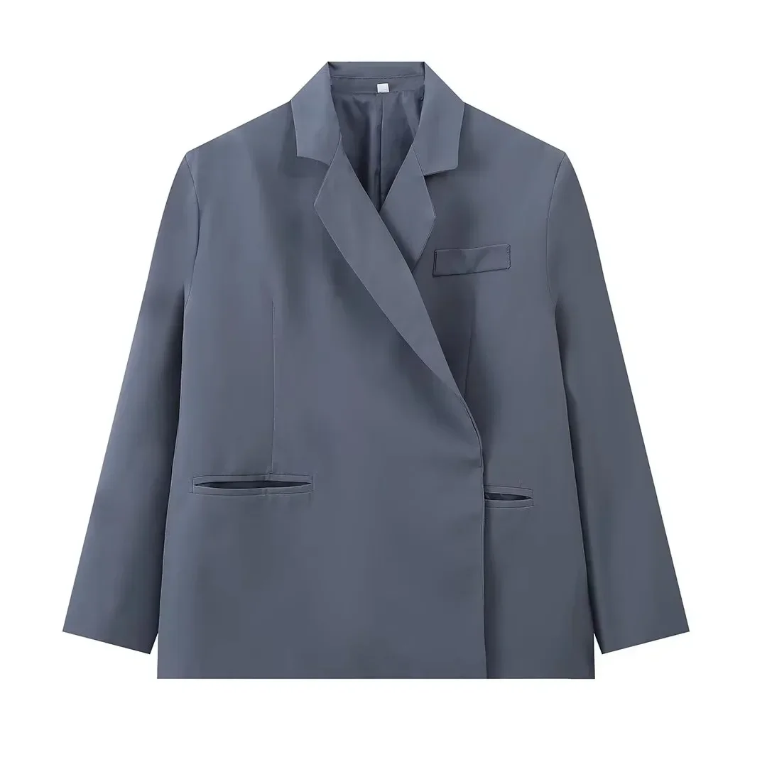 Modevolle effen blazer met verborgen knoopsluiting, wijde pasvorm, elegante zijsplit, lange mouwen, dames colbert 2024, damesjas, high street buitenkleding
