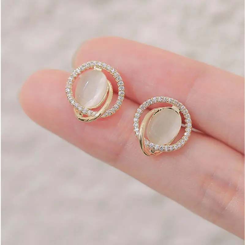 Trendy Small Oval Opal Stud Earrings for Women Rhinestones Crystal Twist Metal Hollow Irregular Geometry Earrings Jewelry