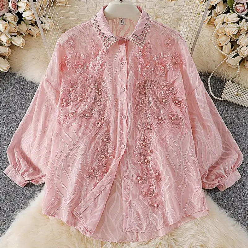Hot 2026 Spring Autumn New Women Fashion Versatile Lace Cut-Out Shirt High-End Beaded Sequined Lantern Sleeve Loose Casual Tops