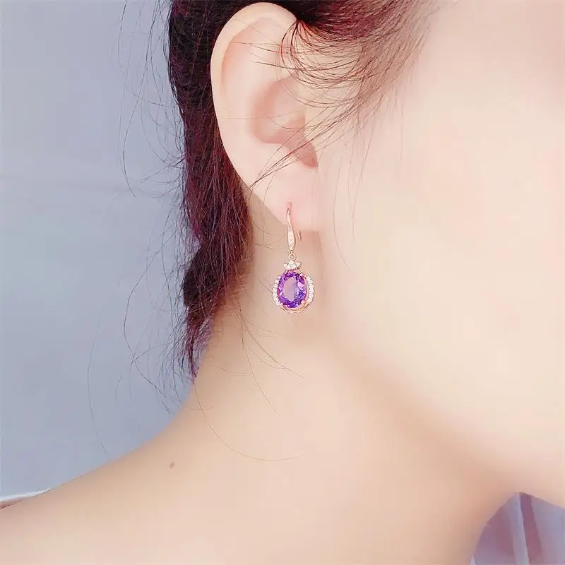 14K Rose Gold Jewelry Real Natural Amethyst Gemstone Earring Women 925 Jewelry Bizuteria Aretes De Mujer Garnet Drop Earrings