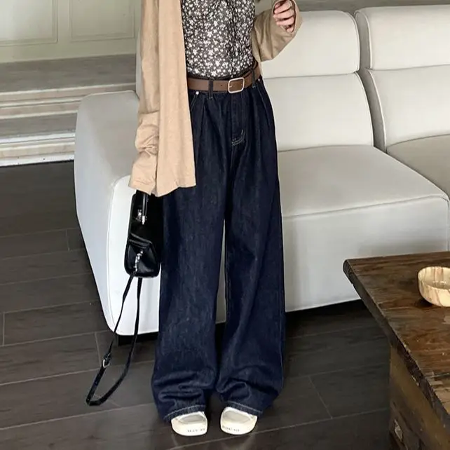 

H.sa Y2K Women Vintage Streetwear Korean Baggy Blue Jeans High Waist Straight Wide Leg Pants Denim Trousers Fairy Grunge