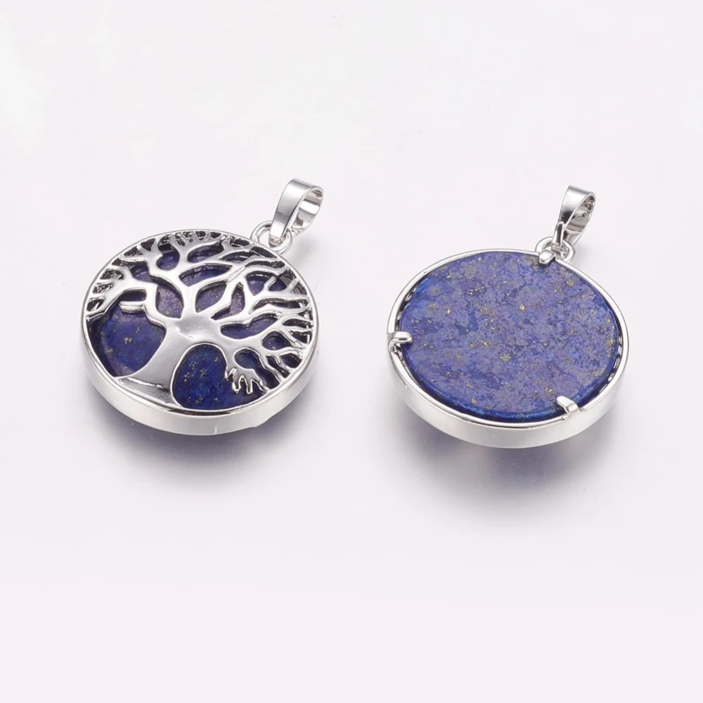1Pcs Lazuli Pendants Platinum Pendant Necklace Flat Round with Tree Stone Charms for Necklace Bracelet Jewelry Making DIY Craft