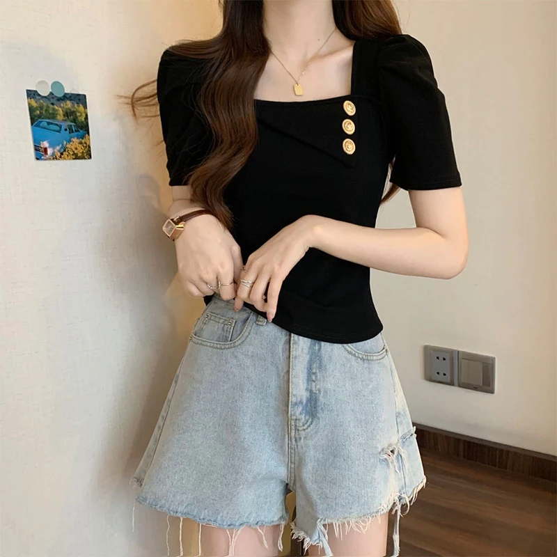 Summer Casual Fashion Chic Buttons Oversized Ladies Puff Short Sleeve Loose All-match Solid Color Top Women Vintage Pullover Tee