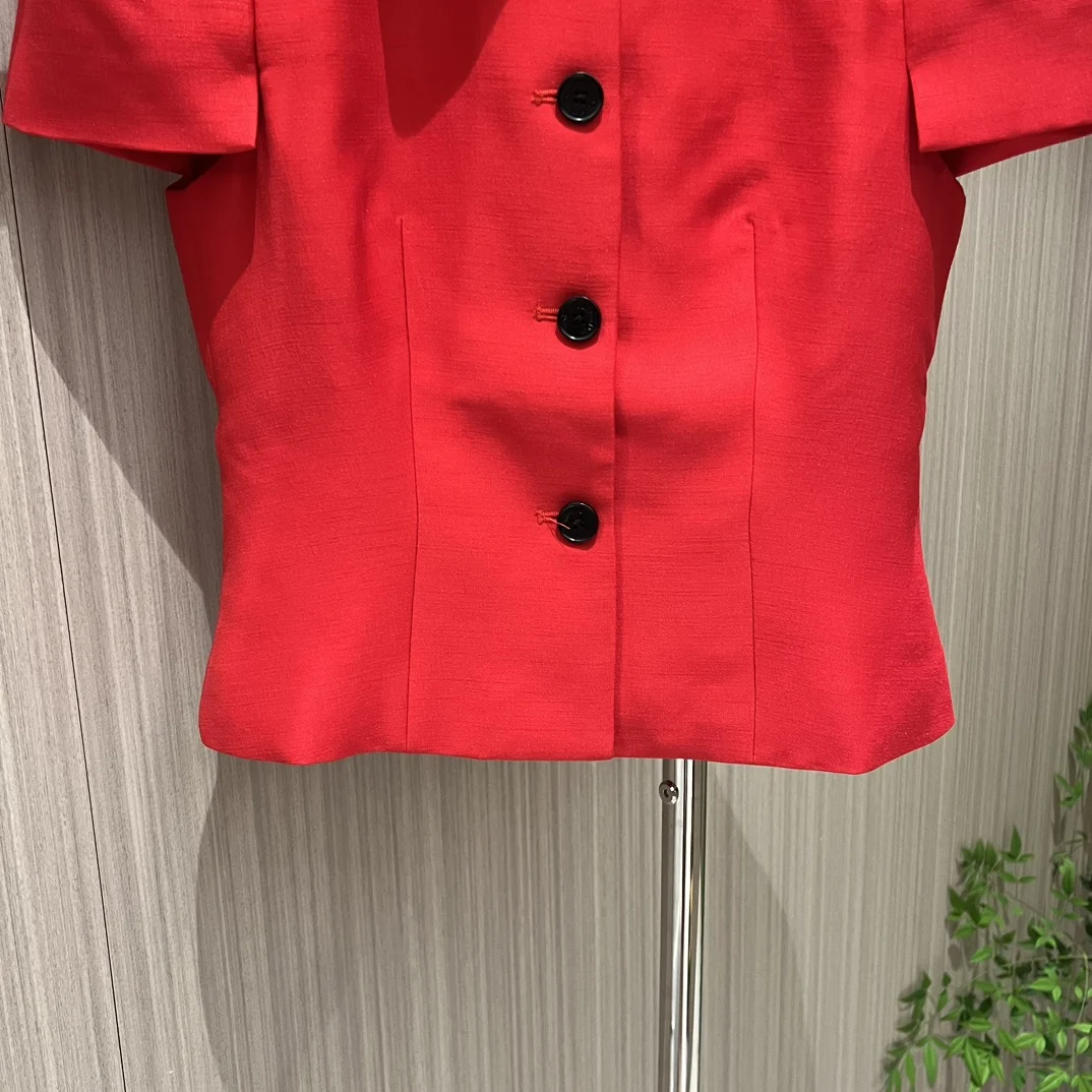 

Celebrity Solid Color Single-Breasted Slim Waist Short-Sleeved Shirt French Retro Puff Sleeve Lapel Pleated Short Work Jacket