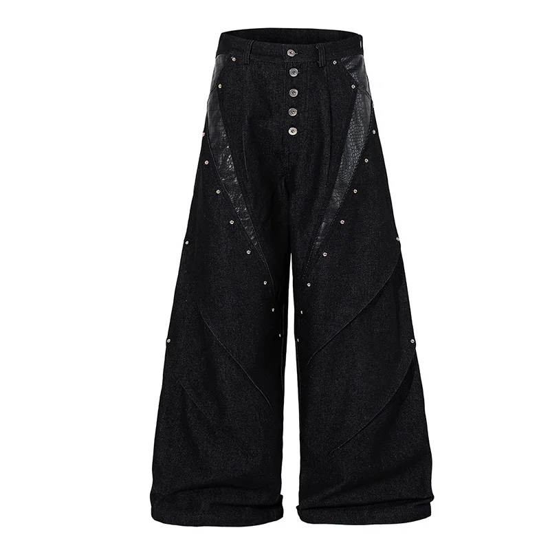 Hip Hop Vintage Casual Jeans Pants Patchwork Hi Street Washed Loose Denim Trousers For Male Black