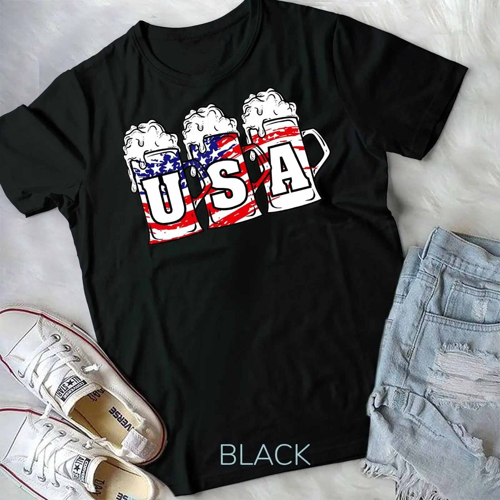 

Mens 4th of July Shirt USA Beer American Flag Women Merica Unisex T-shirt