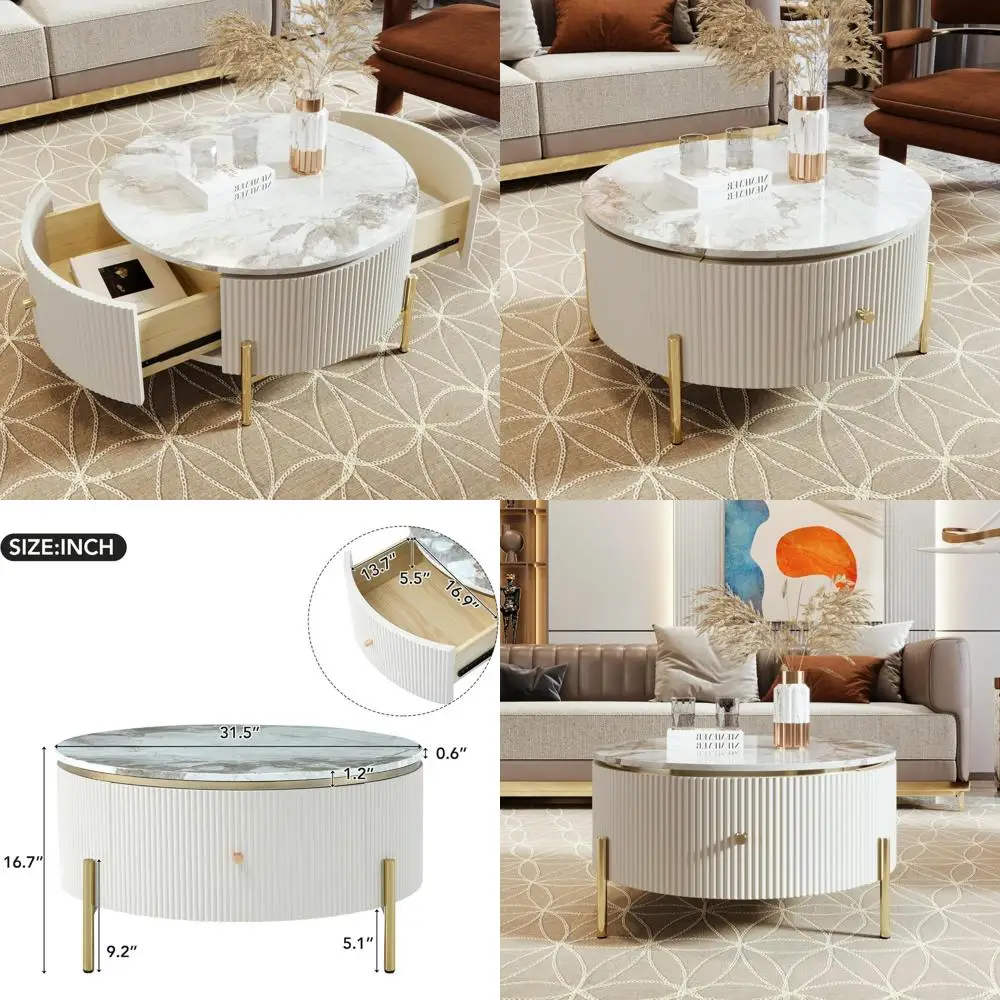 

Contemporary Oval Coffee Table with Dual Storage Drawers in Off-White Finish