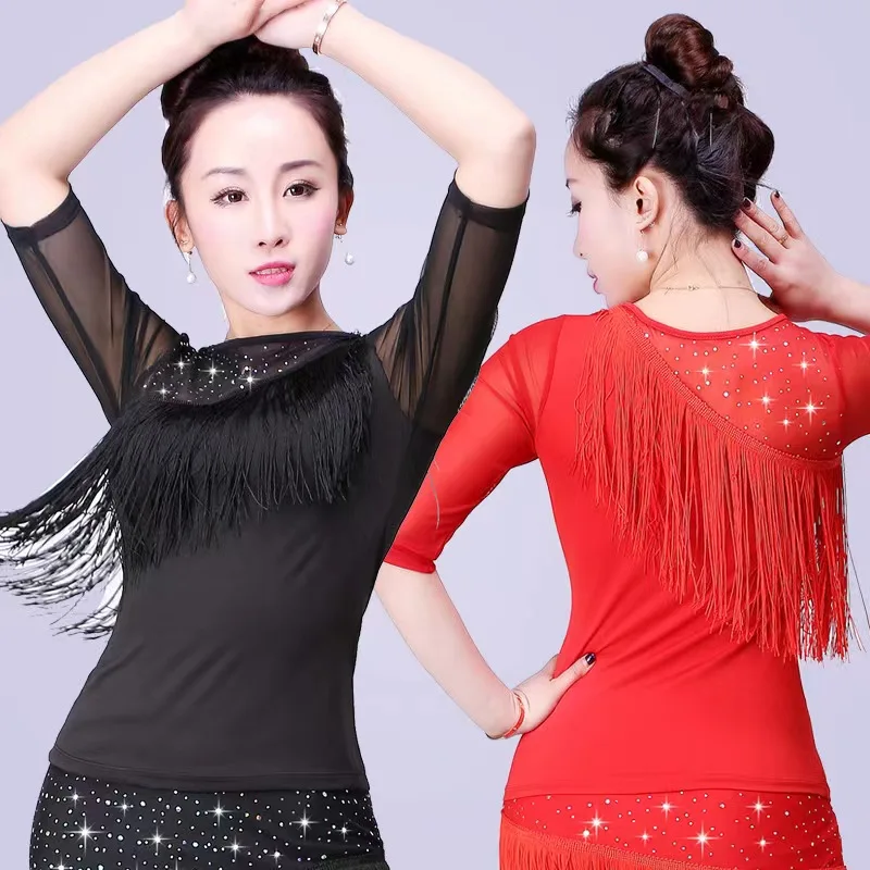 Mid-Long Sleeve Waltz Dance Tops Adult Modern Dance Tango Latin Wear Woman Elegant Flamengo Sports Costume Girls Black and Red